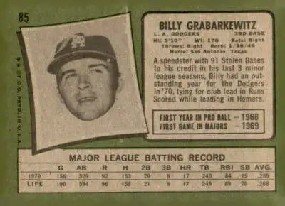 Vintage baseball card of Billy Grabarkewitz from the Los Angeles Dodgers 1971 Topps #85