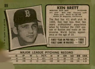 Vintage Ken Brett baseball trading card from 1971 Topps #89, excellent Ken Brett trading card collectible