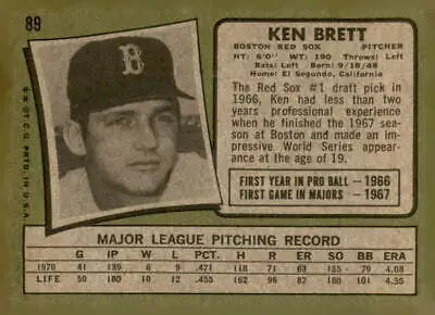 Vintage Ken Brett baseball card from 1971 Topps featuring Boston Red Sox player Ken Brett