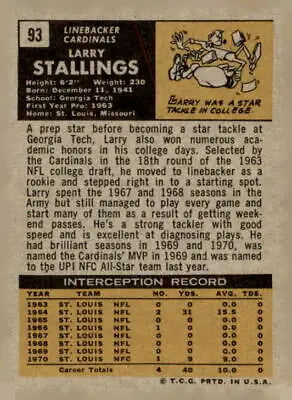 Vintage football trading card back of Larry Stallings from 1971 Topps #93