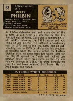 Vintage Gerry Philbin football card featuring York Jets from 1971 Topps #98