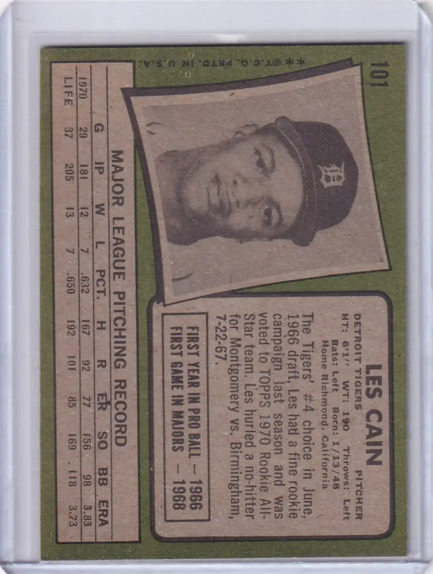 1971 Topps Baseball card of Les Cain from the Detroit Tigers team
