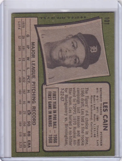 1971 Topps Baseball card of Les Cain from the Detroit Tigers team