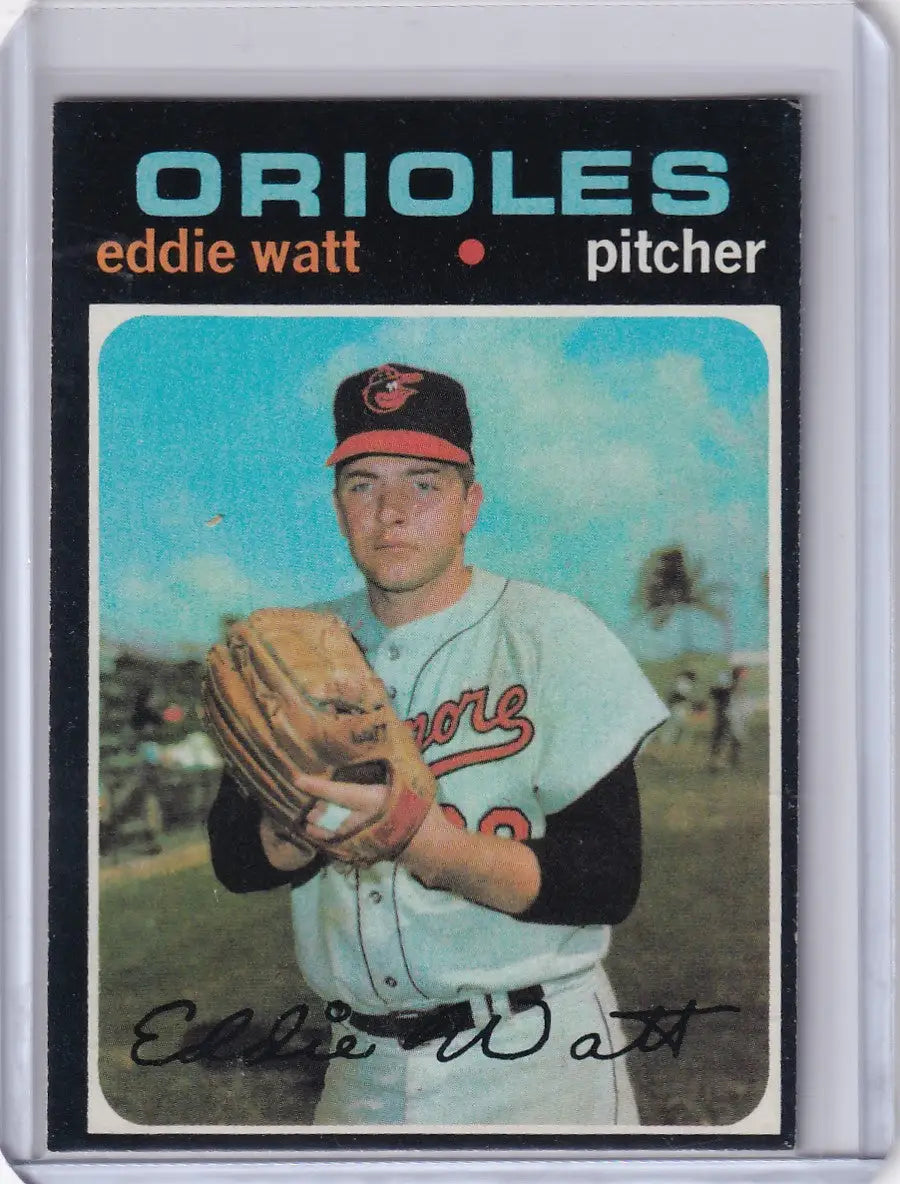 Topps Baseball card of Eddie Watt, Baltimore Orioles pitcher in white uniform
