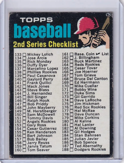 Topps Baseball 1971 checklist displaying player names and card numbers for trading cards