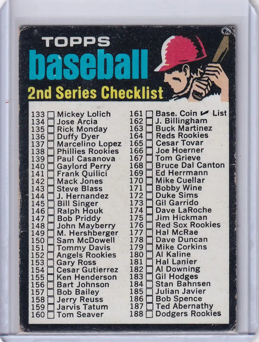 Topps Baseball 1971 checklist displaying player names and card numbers for trading cards