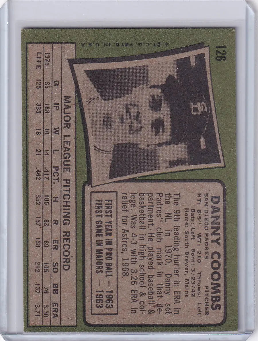 Vintage Danny Coombs 1971 Topps Baseball card from San Diego Padres коллекции