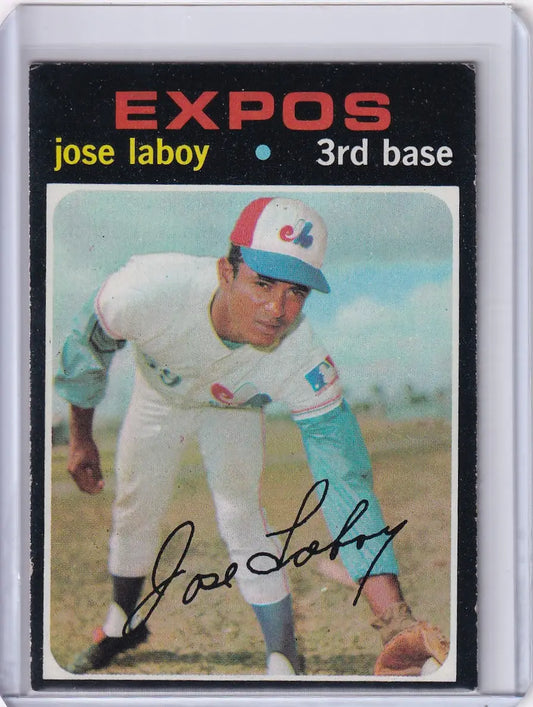 Baseball card of Jose Laboy in a pitching stance, Montreal Expos, Topps Baseball