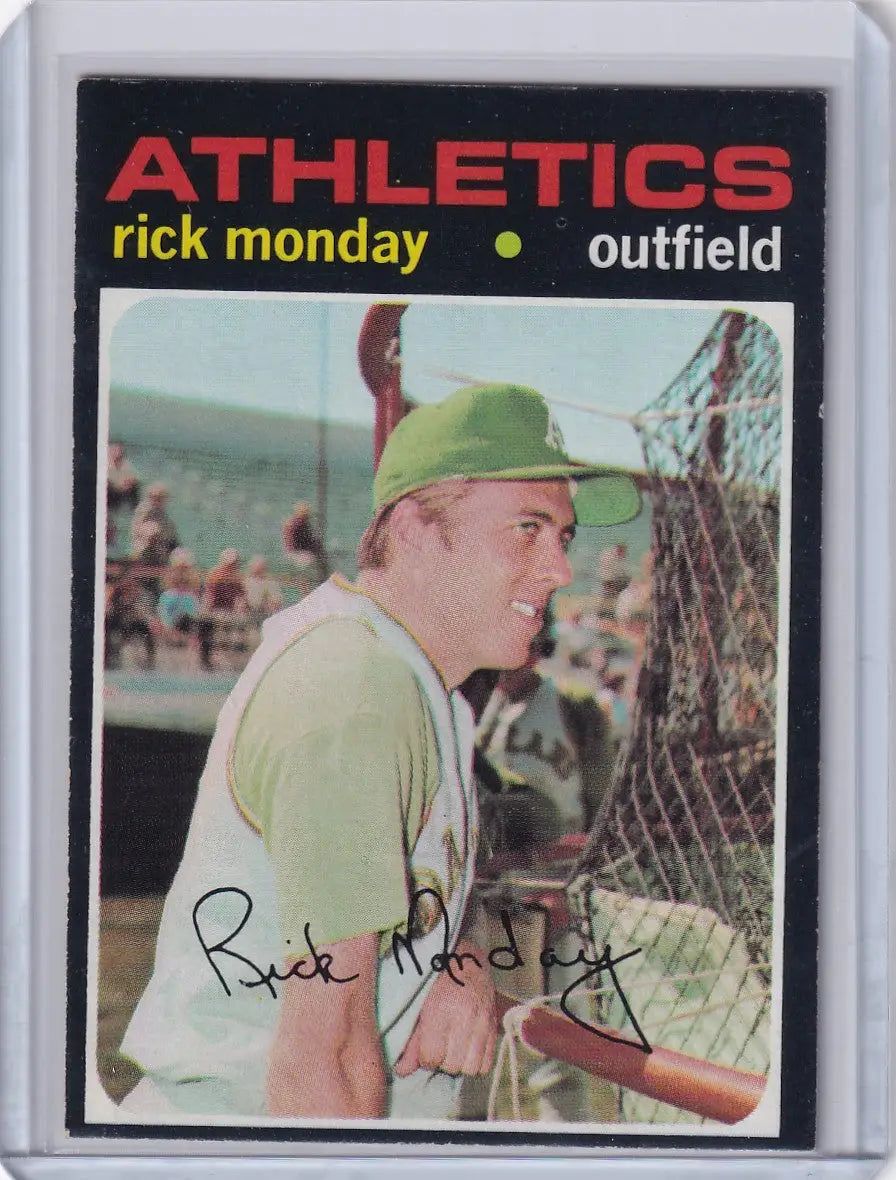1971 Topps Baseball card of Rick Monday from the Oakland Athletics with a green cap