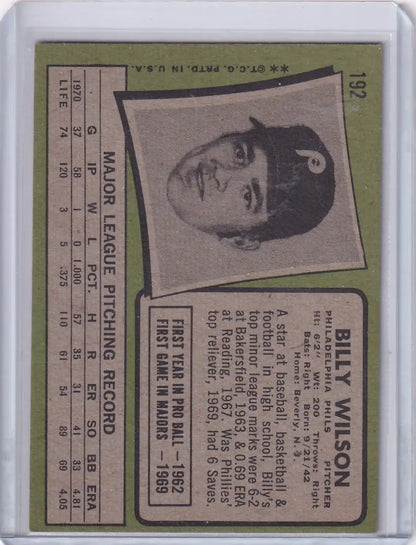 Vintage 1971 Topps Baseball card featuring Bill Wilson of the Philadelphia Phillies