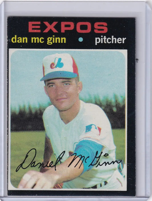 1971 Topps Baseball card of Dan McGinn in Montreal Expos uniform and blue cap