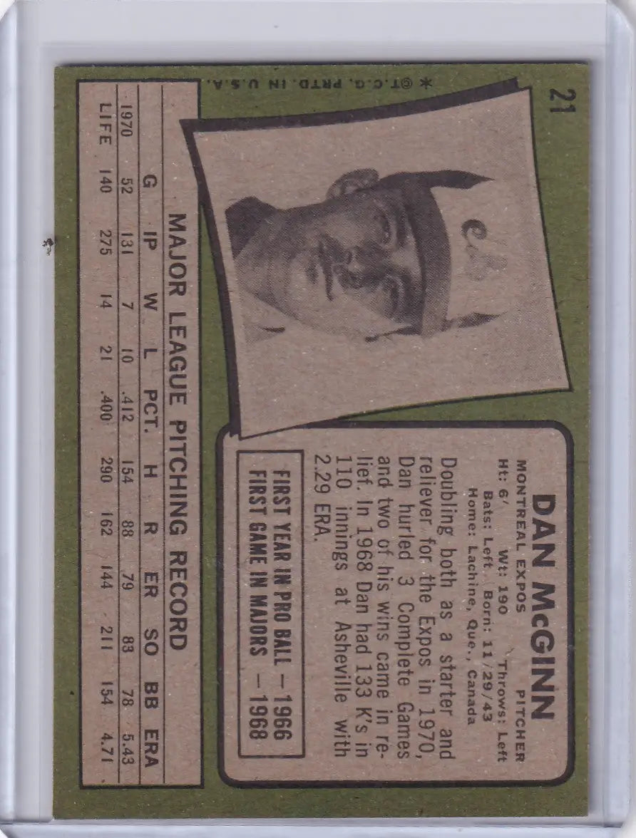1971 Topps Baseball card of Dan McGinn featuring a black and white portrait for Montreal Expos