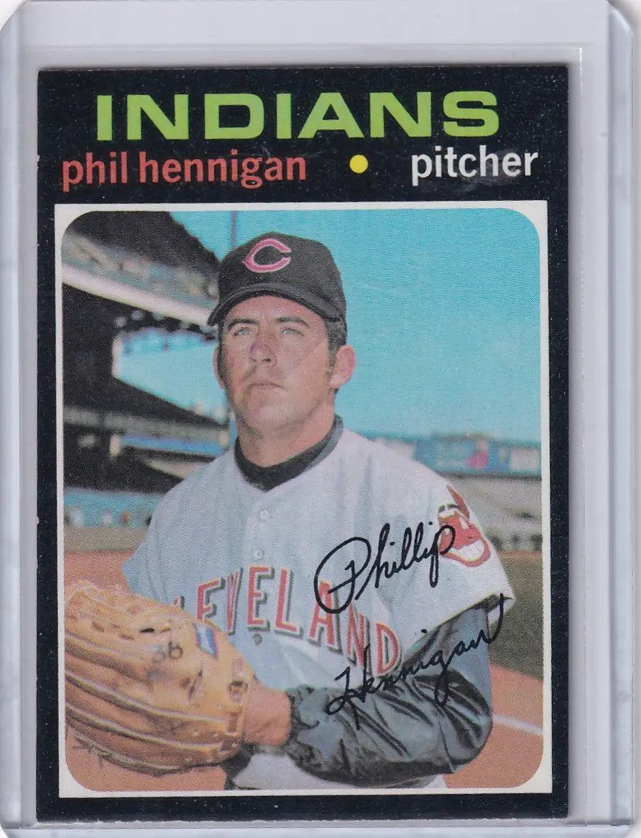 Vintage Topps Baseball card of Phil Hennigan, Cleveland Indians pitcher in white uniform