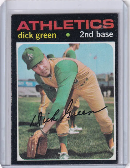 1971 Topps baseball card of Dick Green in green and gold Oakland Athletics uniform