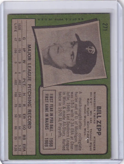 Baseball card of Bill Zepp in cap for Topps Baseball Minnesota Twins 1971 edition