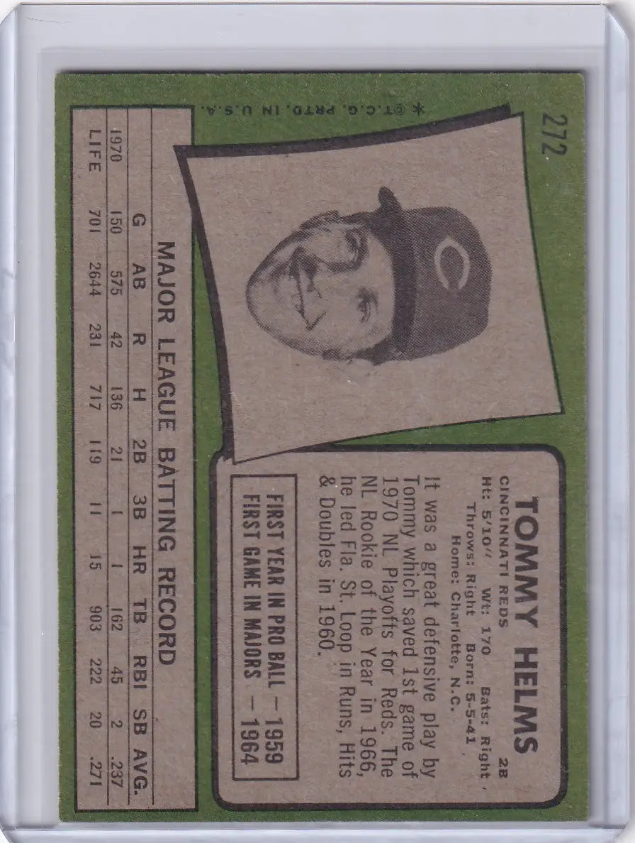 1971 Topps Baseball card of Tommy Helms with Cincinnati Reds cap featuring C