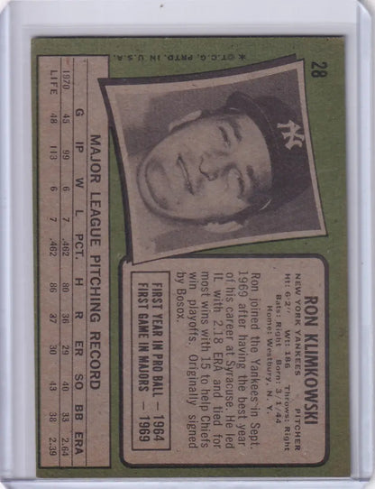 Vintage Topps Baseball card of Ron Klimkowski from the New York Yankees
