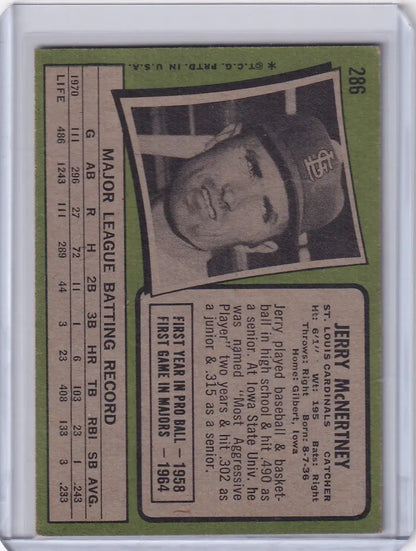 Vintage Topps Baseball card of Jerry McNertney, St. Louis Cardinals player portrait