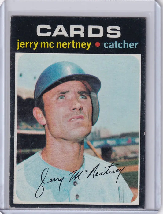 Baseball card of Jerry McNertney in light blue cap, Topps Baseball, St. Louis Cardinals