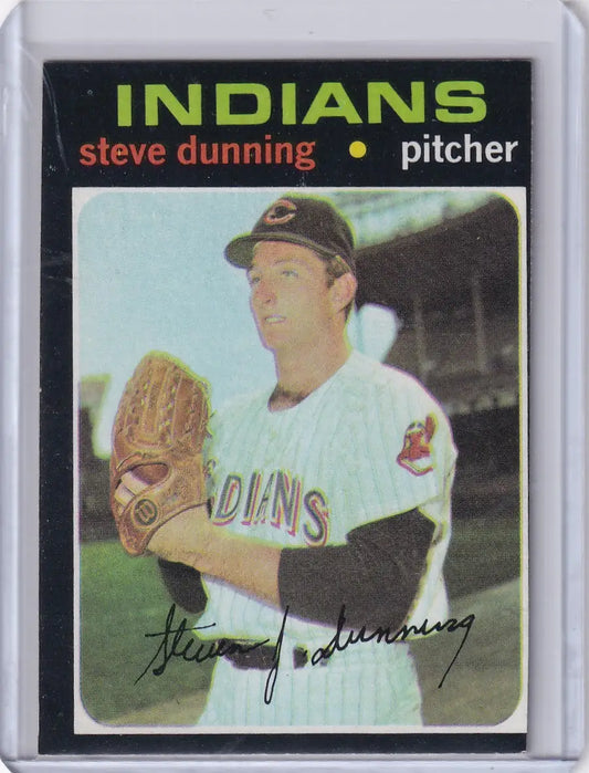 Baseball card of Steve Dunning in white uniform for Topps Baseball, Cleveland Indians RC