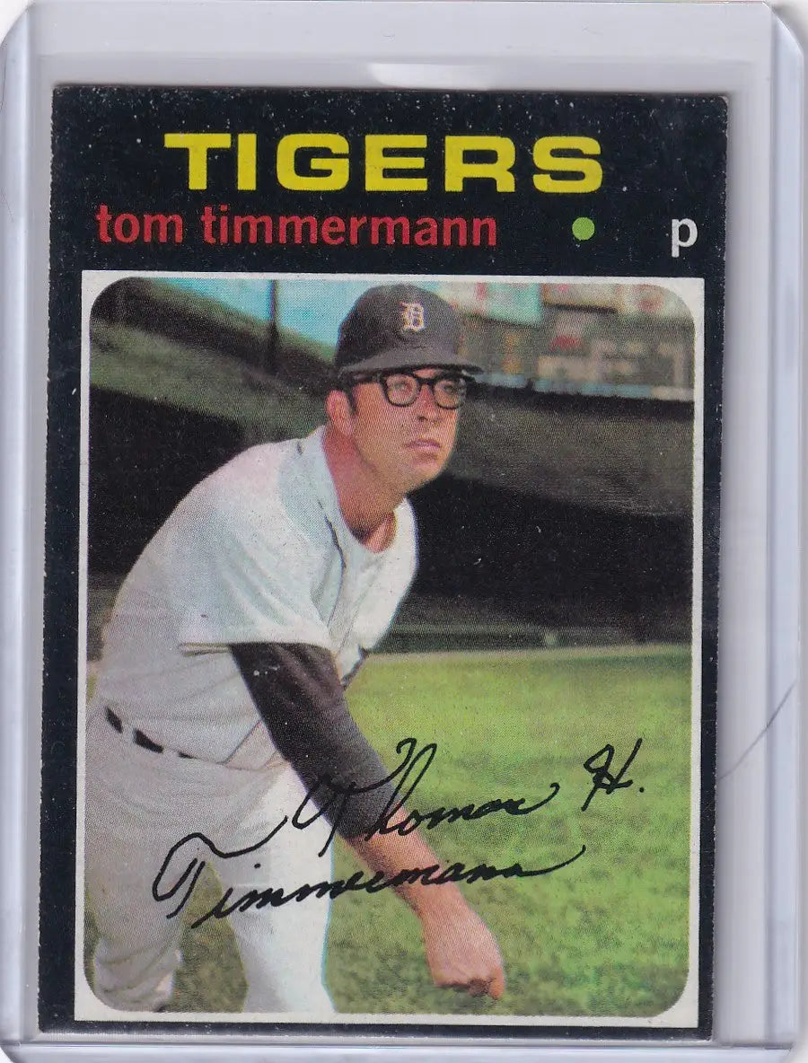 Baseball card of Tom Timmermann in a white uniform for Topps Baseball, Detroit Tigers