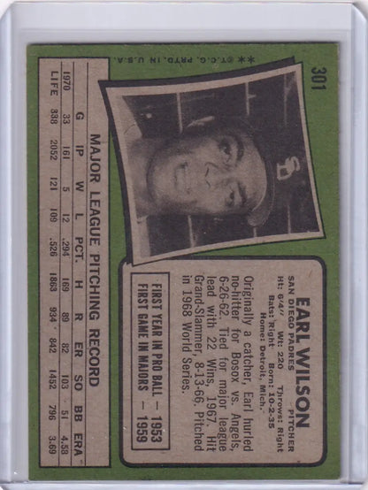 Baseball card of Earl Wilson in dark cap, San Diego Padres, 1971 Topps Baseball