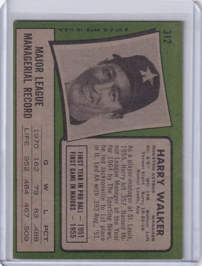 Black and white baseball card of Harry Walker from 1971 Topps Baseball - Houston Astros