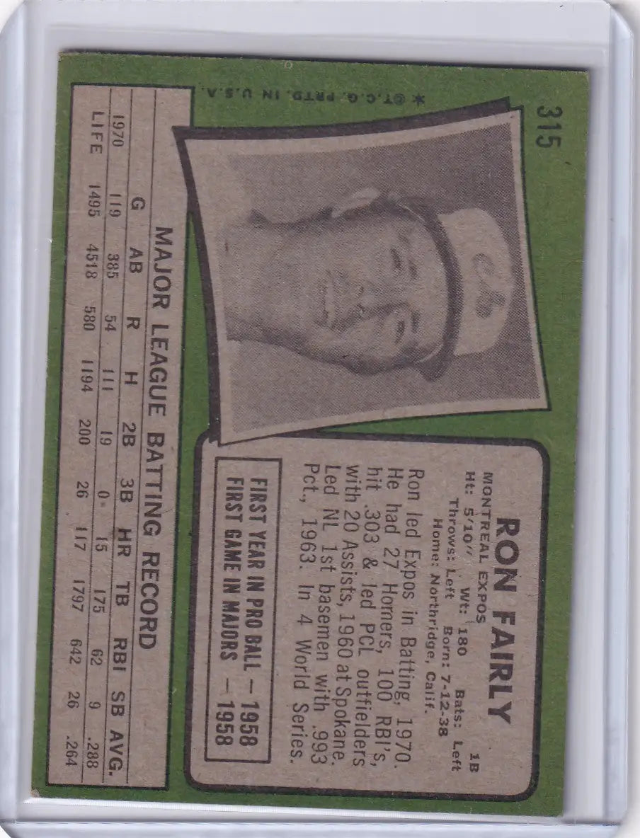 1971 Topps Baseball #315 Ron Fairly card with black and white portrait on green background