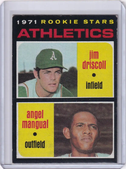 Baseball card of 1971 Athletics Rookies Jim Driscoll and Angel Mangual RC