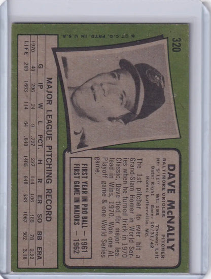 Vintage Topps Baseball card featuring Dave McNally of the Baltimore Orioles