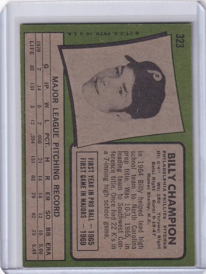 Baseball card of Billy Champion, 1971 Topps Baseball, Philadelphia Phillies with green border