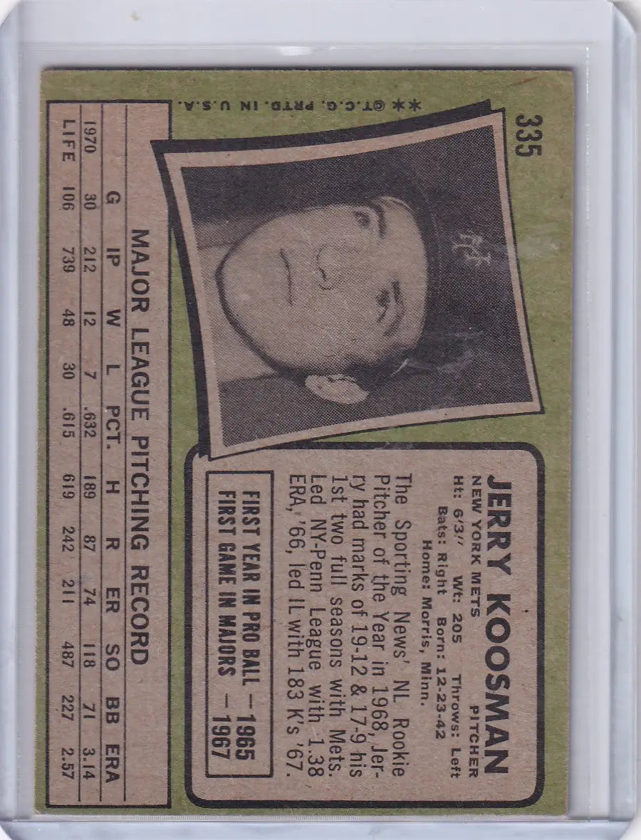 Vintage Topps Baseball Jerry Koosman New York Mets baseball card from 1971