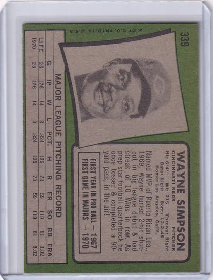 Vintage Topps Baseball card of Wayne Simpson, Cincinnati Reds player with glasses