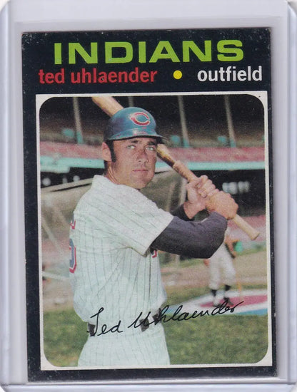 1971 Topps Baseball card of Ted Uhlaender, Cleveland Indians outfielder in batting pose