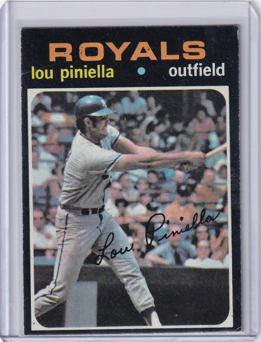 1971 Topps Baseball card of Lou Piniella swinging for the Kansas City Royals
