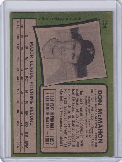 Vintage San Francisco Giants Topps Baseball card of Don McMahon from 1971