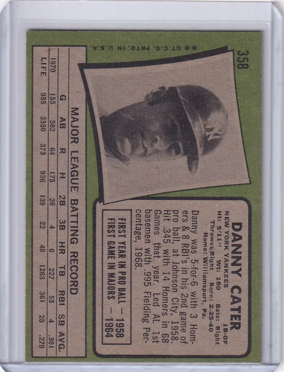 Vintage baseball card of Danny Cater from 1971 Topps Baseball featuring New York Yankees