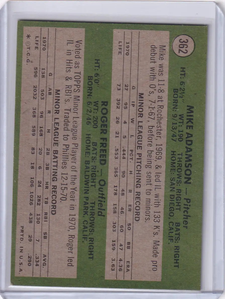 Baseball card of 1971 Topps Baseball #362 Orioles Rookies Mike Adamson and Roger Freed