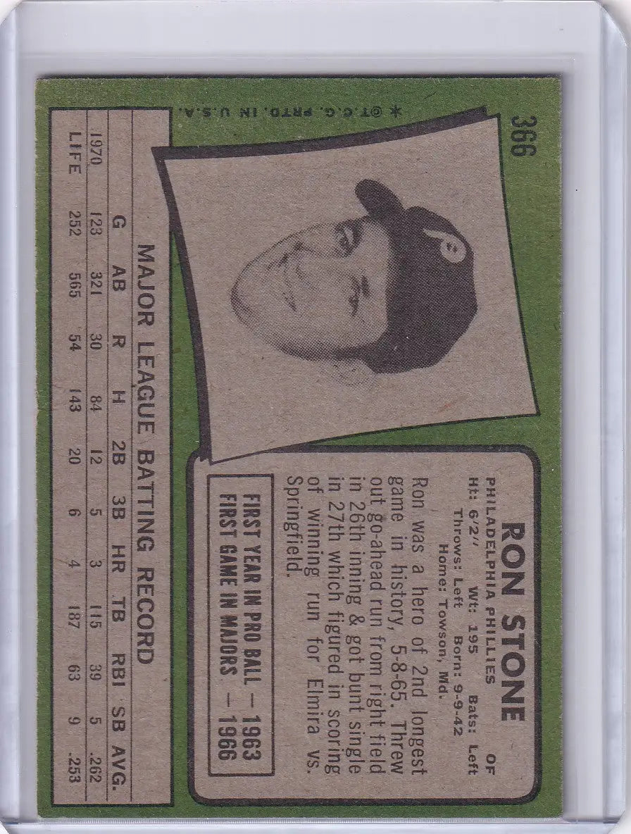 1971 Topps Baseball #366 Ron Stone card featuring a black and white player portrait