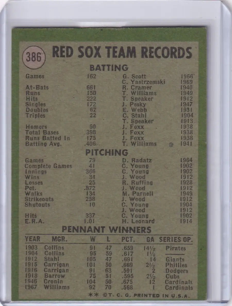 1971 Topps Baseball #386 card featuring Boston Red Sox team records and achievements