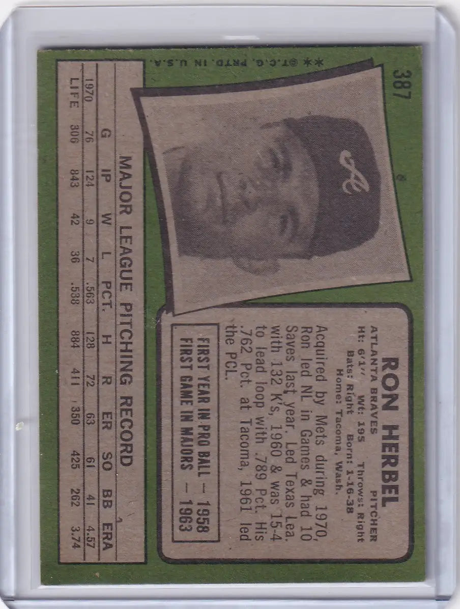 1971 Topps Baseball card of Ron Herbel from the Atlanta Braves team