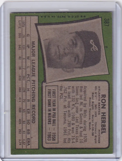 1971 Topps Baseball card of Ron Herbel from the Atlanta Braves team