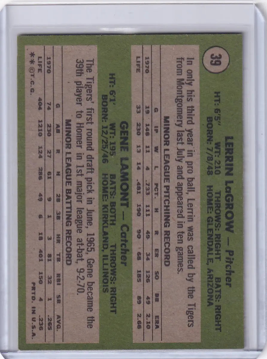 Baseball trading card of Lerrin LaGrow and Gene Lamont from 1971 Topps Baseball Tigers Rookies