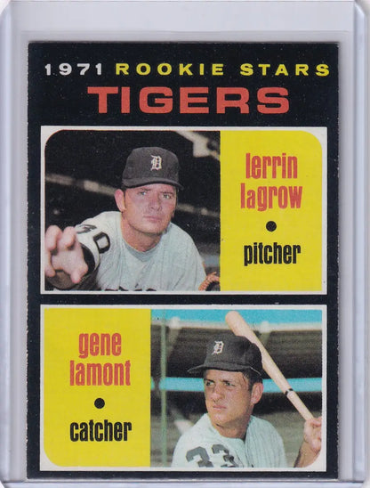 1971 Topps Baseball card showcasing Tigers Rookies Lerrin LaGrow and Gene Lamont
