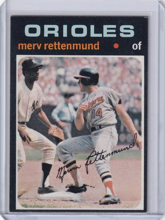 1971 Topps Baseball card of Merv Rettenmund sliding into base for the Baltimore Orioles