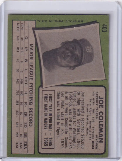 Baseball card of Joe Coleman from Topps Baseball featuring Detroit Tigers player portrait
