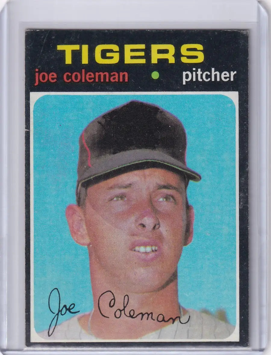 Vintage Topps Baseball card of Joe Coleman from the Detroit Tigers on a blue background