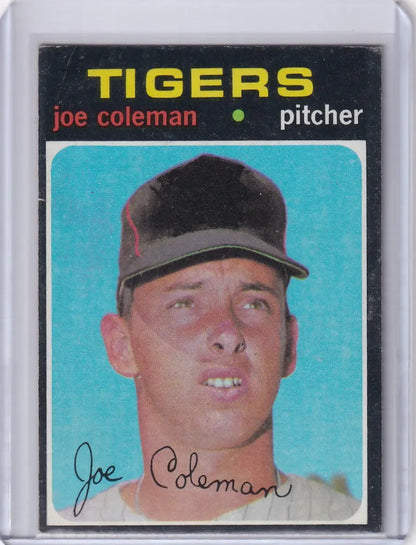Vintage Topps Baseball card of Joe Coleman from the Detroit Tigers on a blue background