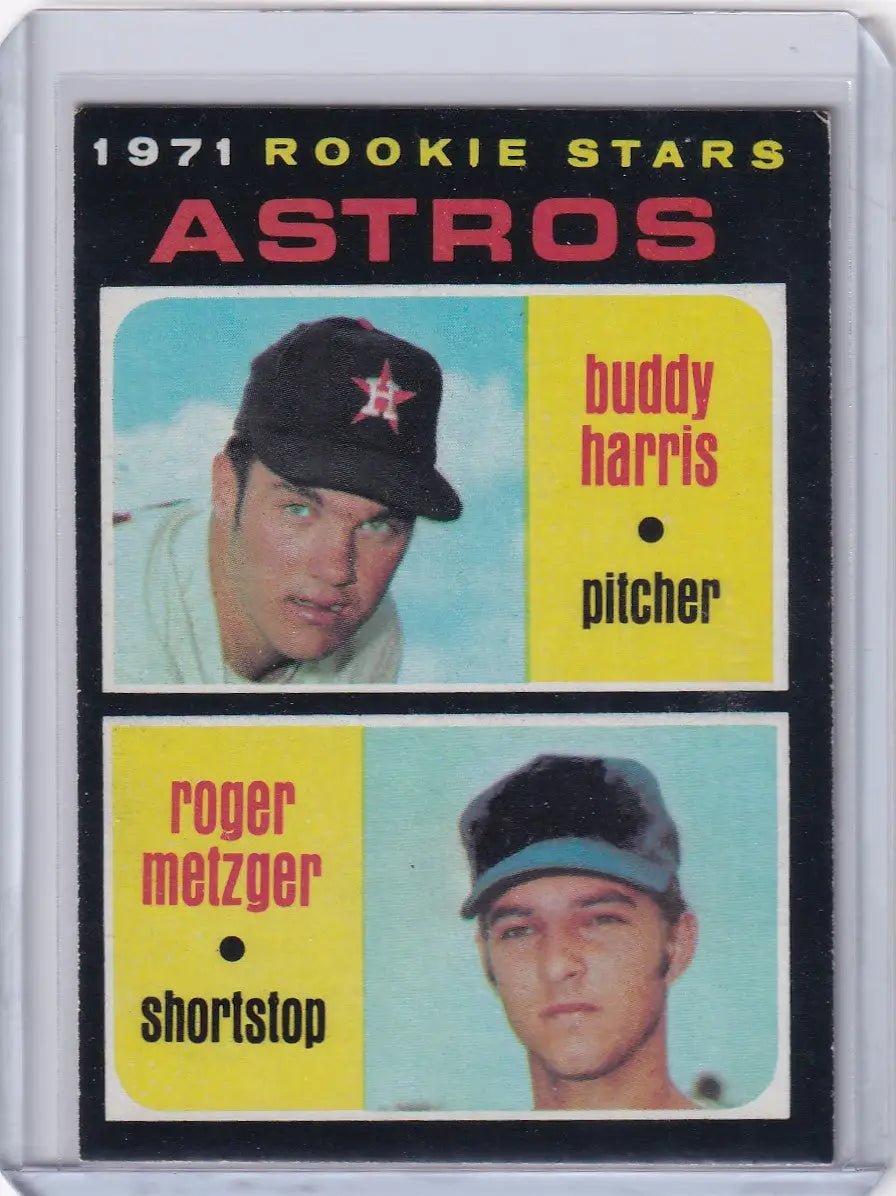 1971 Topps Baseball card showcasing Astros rookies Buddy Harris and Roger Metzger