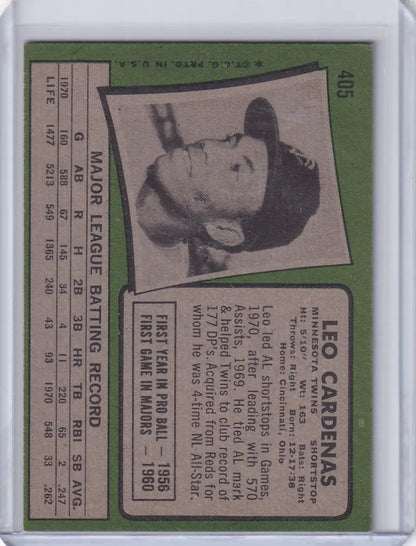 Vintage Topps Baseball card featuring Leo Cardenas of the Minnesota Twins with green border